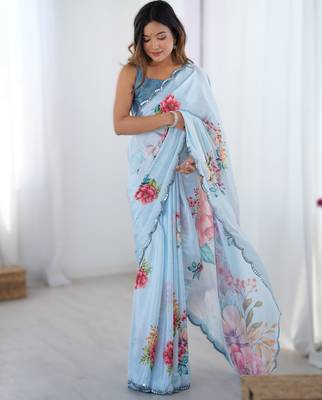 Light sky blue chinon printed saree with pape mirror work & mirror border | party & wedding wear saree 1