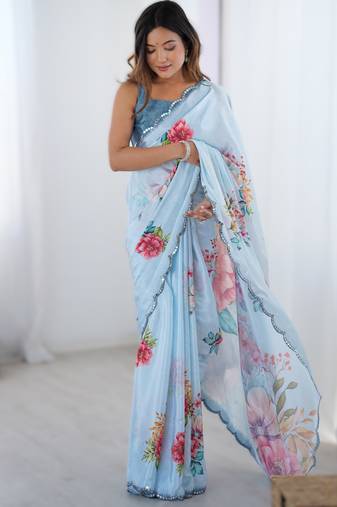 Light sky blue heavy chinon printed saree with pape mirror work & mirror border | designer party & wedding wear saree