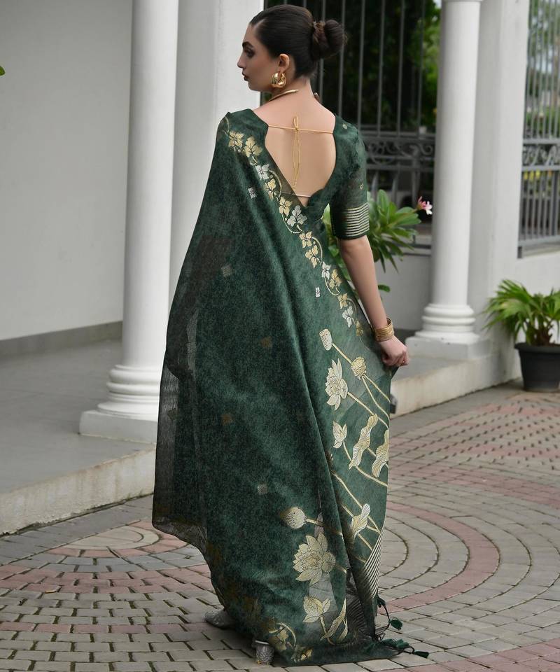 Dark green premium jute linen silk saree with zari weaved pallu, double shaded border