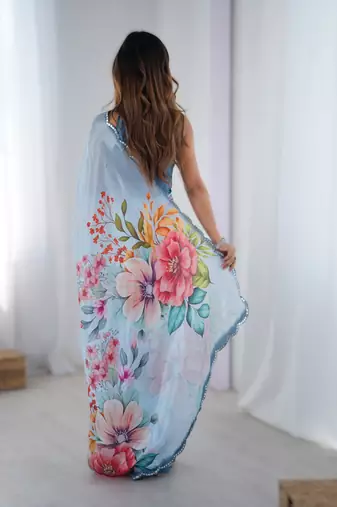 Light sky blue chinon printed saree with pape mirror work & mirror border | party & wedding wear saree