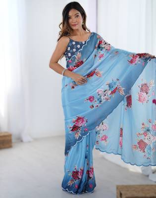 Sky blue chinon printed saree with pape mirror work & mirror border | party & wedding wear saree 1