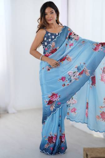 Sky blue heavy chinon printed saree with pape mirror work & mirror border | designer party & wedding wear saree