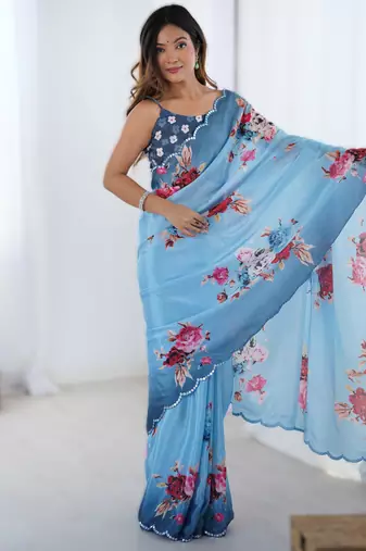Sky blue heavy chinon printed saree with pape mirror work & mirror border | designer party & wedding wear saree