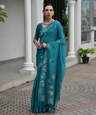 Blue premium jute linen silk blend saree with zari weaved pallu double shaded border 1