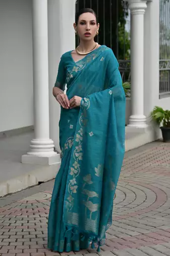 Blue premium jute linen silk saree with zari weaved pallu, double shaded border