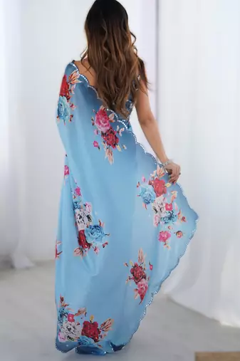 Sky blue chinon printed saree with pape mirror work & mirror border | party & wedding wear saree