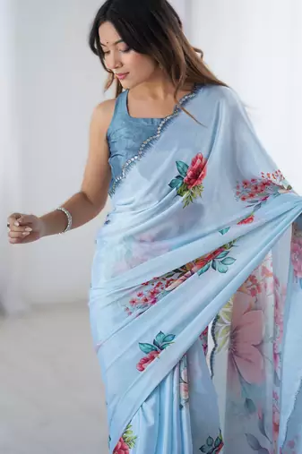Light sky blue chinon printed saree with pape mirror work & mirror border | party & wedding wear saree