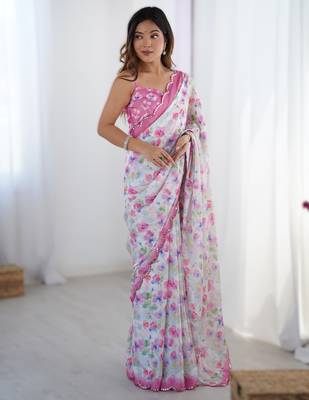 White chinon printed saree with pape mirror work & mirror border | party & wedding wear saree 1