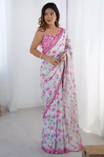 White heavy chinon printed saree with pape mirror work & mirror border | designer party & wedding wear saree