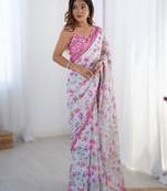 White heavy chinon printed saree with pape mirror work & mirror border | designer party & wedding wear saree