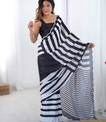 Black heavy chinon printed saree with pape mirror work & mirror border | designer party & wedding wear saree