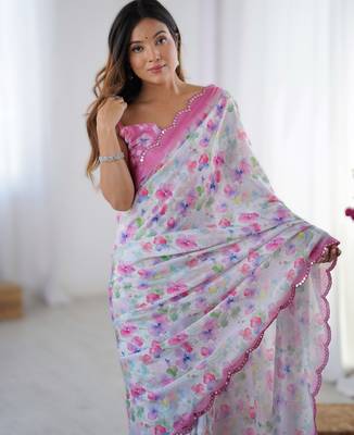White chinon printed saree with pape mirror work & mirror border | party & wedding wear saree 3