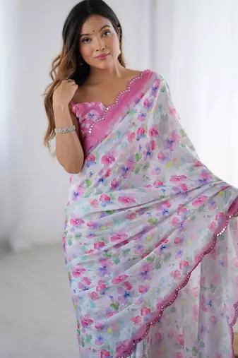 White chinon printed saree with pape mirror work & mirror border | party & wedding wear saree