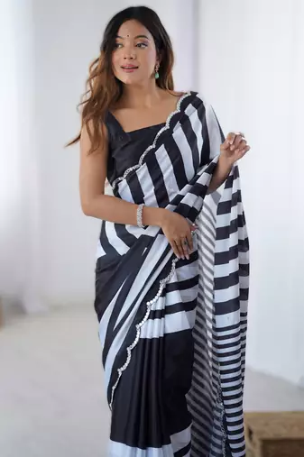 Black chinon printed saree with pape mirror work & mirror border | party & wedding wear saree