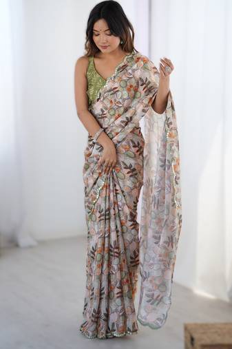 Chiku heavy chinon printed saree with pape mirror work & mirror border | designer party & wedding wear saree