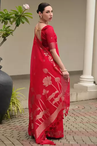 Red premium jute linen silk blend saree with zari weaved pallu double shaded border