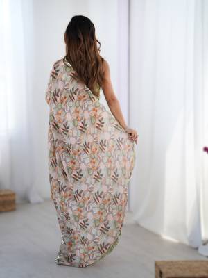 Chiku chinon printed saree with pape mirror work & mirror border | party & wedding wear saree 2