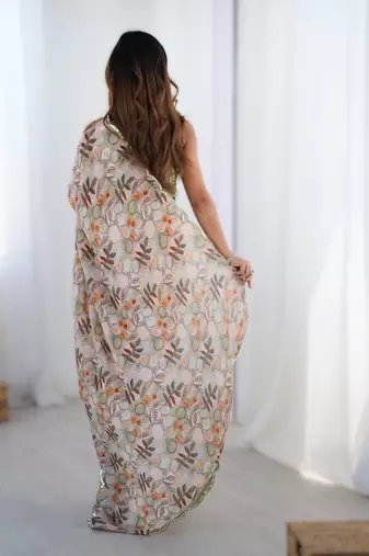 Chiku chinon printed saree with pape mirror work & mirror border | party & wedding wear saree