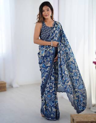 Navy blue chinon printed saree with pape mirror work & mirror border | party & wedding wear saree 1