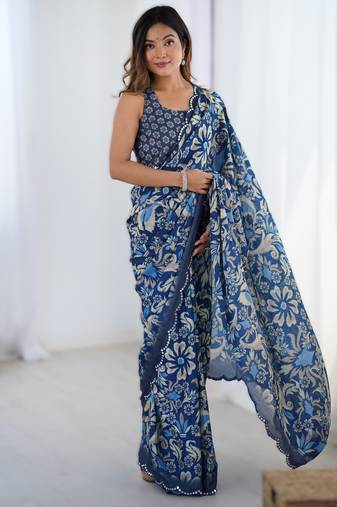Navy blue heavy chinon printed saree with pape mirror work & mirror border | designer party & wedding wear saree