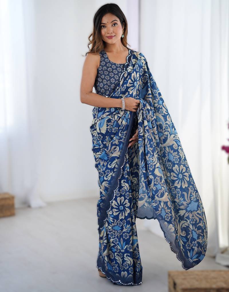 Navy blue heavy chinon printed saree with pape mirror work & mirror border | designer party & wedding wear saree