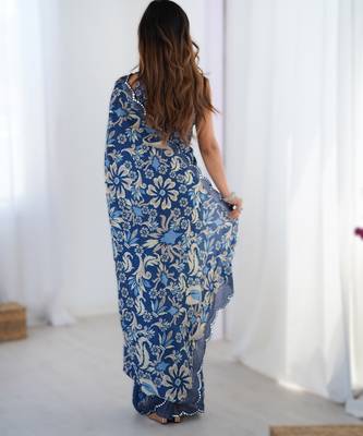 Navy blue chinon printed saree with pape mirror work & mirror border | party & wedding wear saree 2