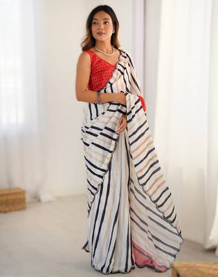 Off white chinon printed saree with pape mirror work & mirror border | party & wedding wear saree 1