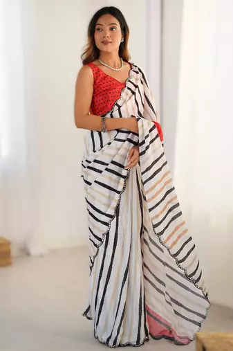 Off white heavy chinon printed saree with pape mirror work & mirror border | designer party & wedding wear saree