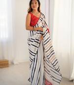 Off white heavy chinon printed saree with pape mirror work & mirror border | designer party & wedding wear saree