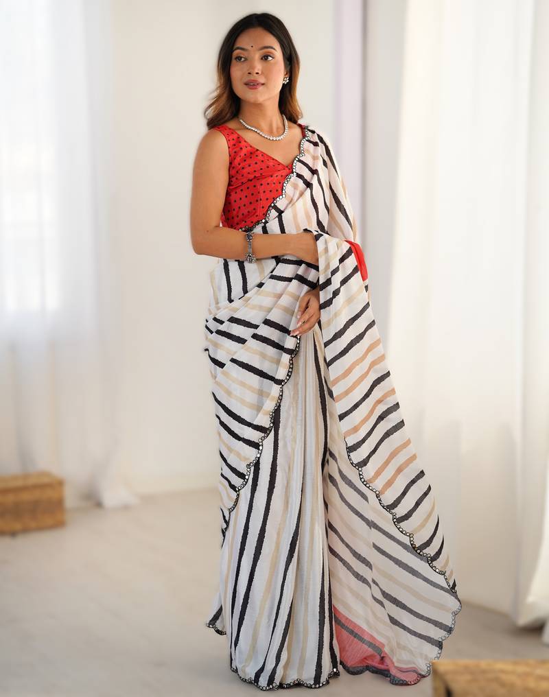 Off white heavy chinon printed saree with pape mirror work & mirror border | designer party & wedding wear saree