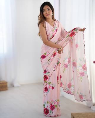 Light baby pink chinon printed saree with pape mirror work & mirror border | party & wedding wear saree 1