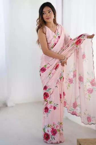 Light baby pink heavy chinon printed saree with pape mirror work & mirror border | designer party & wedding wear saree
