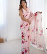Light baby pink heavy chinon printed saree with pape mirror work & mirror border | designer party & wedding wear saree