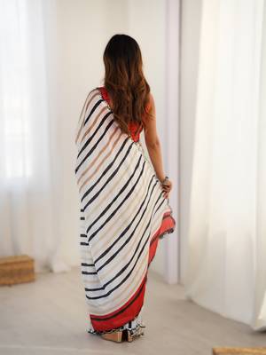 Off white chinon printed saree with pape mirror work & mirror border | party & wedding wear saree 2