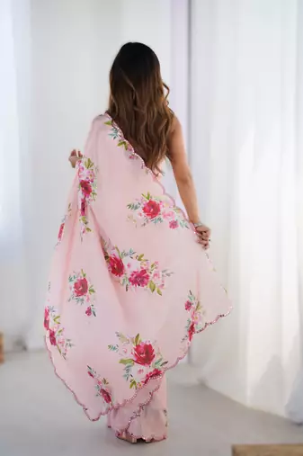 Light baby pink chinon printed saree with pape mirror work & mirror border | party & wedding wear saree