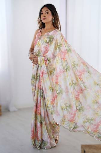 White heavy chinon printed saree with pape mirror work & mirror border | designer party & wedding wear saree