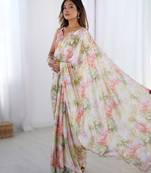 White heavy chinon printed saree with pape mirror work & mirror border | designer party & wedding wear saree