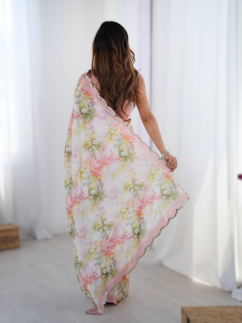 White heavy chinon printed saree with pape mirror work & mirror border | designer party & wedding wear saree