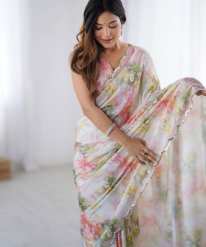 White heavy chinon printed saree with pape mirror work & mirror border | designer party & wedding wear saree