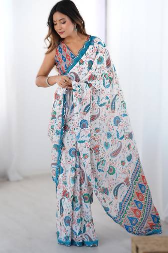 Blue heavy chinon printed saree with pape mirror work & mirror border | designer party & wedding wear saree