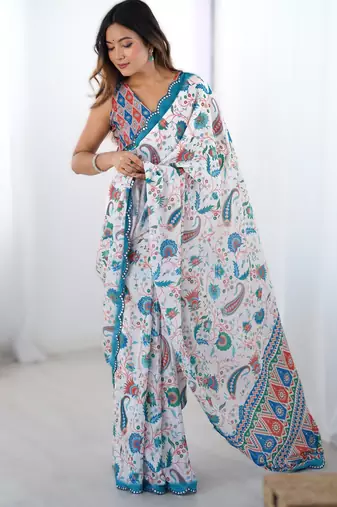 Blue heavy chinon printed saree with pape mirror work & mirror border | designer party & wedding wear saree