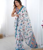 Blue heavy chinon printed saree with pape mirror work & mirror border | designer party & wedding wear saree