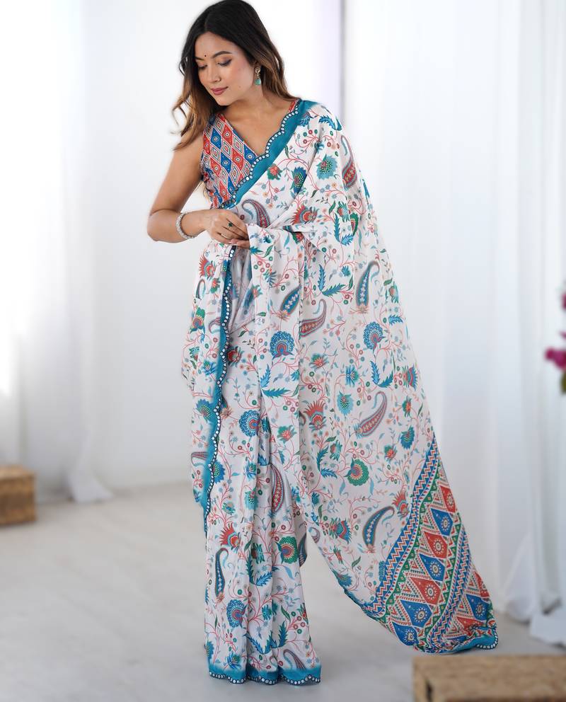 Blue heavy chinon printed saree with pape mirror work & mirror border | designer party & wedding wear saree