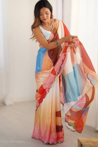 Multicolor heavy chinon printed saree with pape mirror work & mirror border | designer party & wedding wear saree