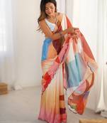 Multicolor heavy chinon printed saree with pape mirror work & mirror border | designer party & wedding wear saree