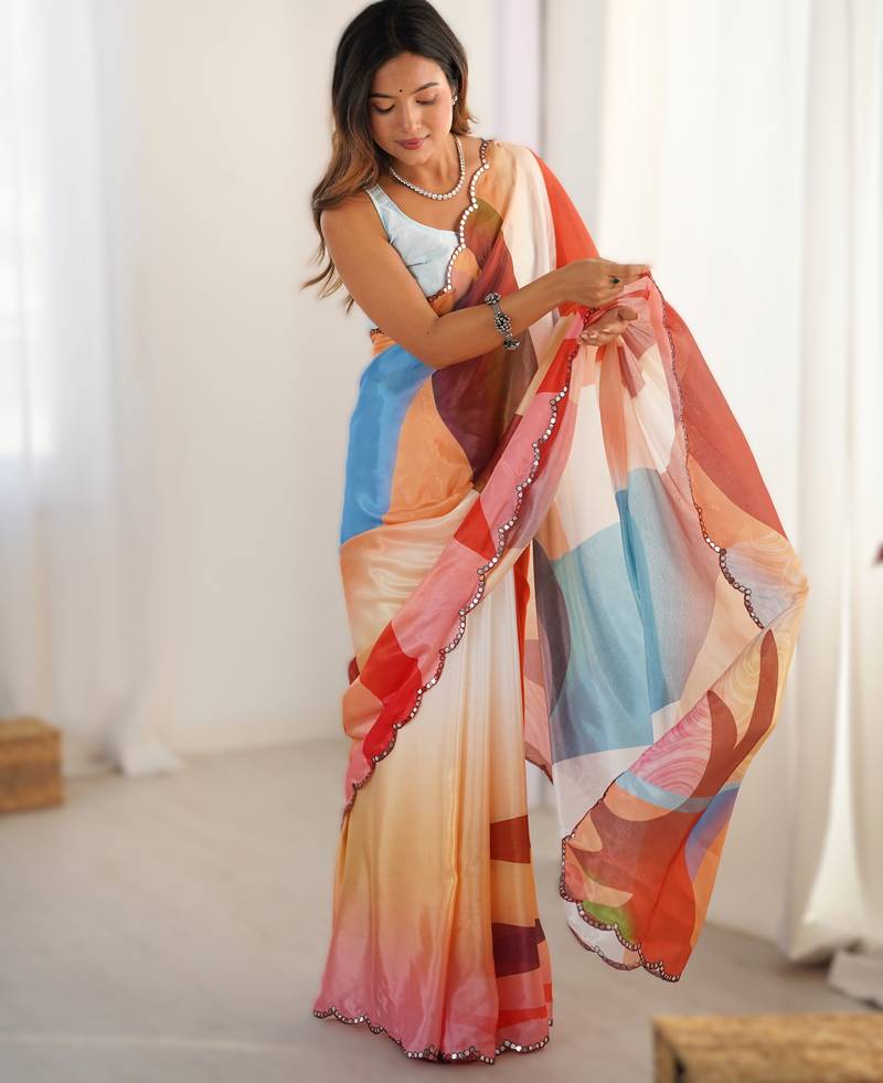 Multicolor heavy chinon printed saree with pape mirror work & mirror border | designer party & wedding wear saree