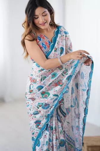Blue chinon printed saree with pape mirror work & mirror border | party & wedding wear saree