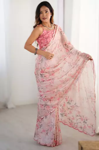 Light pink heavy chinon printed saree with pape mirror work & mirror border | designer party & wedding wear saree