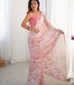 Light pink heavy chinon printed saree with pape mirror work & mirror border | designer party & wedding wear saree