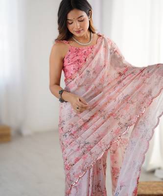 Light pink chinon printed saree with pape mirror work & mirror border | party & wedding wear saree 3